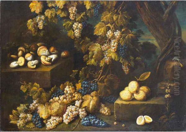 Natura Morta Con Uva, Limoni E Funghi Oil Painting by Antonio Gianlisi The Younger