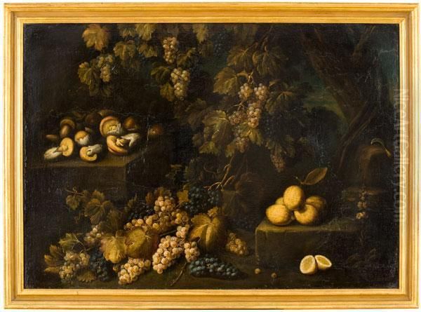 Paesaggio Con Cascata D'uva, Limoni E Funghi Oil Painting by Antonio Gianlisi The Younger