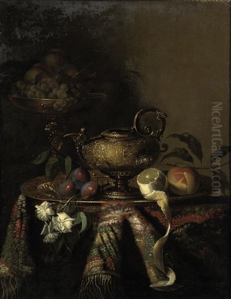 Plums, A Lemon And A Peach On A Gold Plate Oil Painting by Antonio Gianlisi The Younger