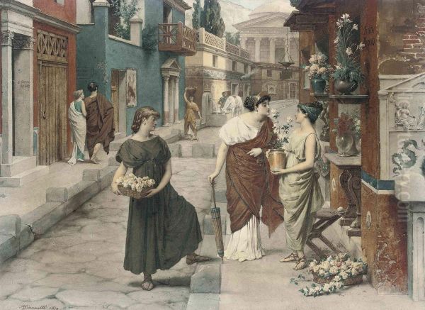 Selling Flowers On A Roman Street Oil Painting by Raffaele Giannetti