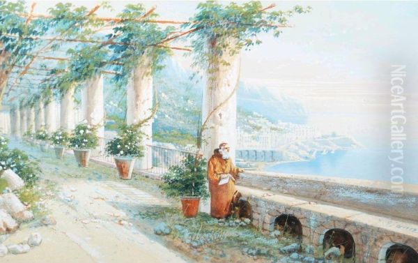 Monk In Cloister Overlooking A Neapolitan Lake Oil Painting by Gianni