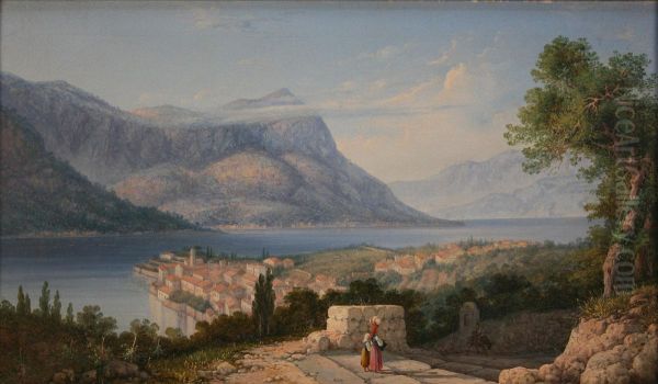 Mediterranean Coastal View With Figures On A Hilltop Road Oil Painting by Gian Gianni