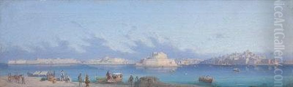 A View Of The Grand Harbour, Malta With Fort St. Angelo Andsenglea. Oil Painting by Gian Gianni