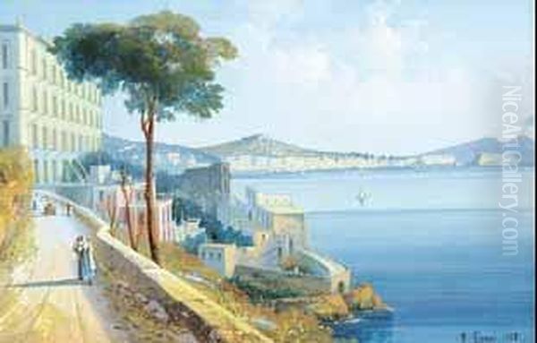 Die Posillipo-promenade In Neapel, Im Hintergrund Der Rauchende Vesuv. Oil Painting by Gian Gianni