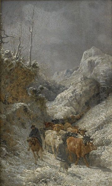 Boskap I Bergslandskap - Diptyk Oil Painting by Girolamo Gianni