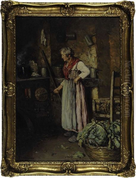 A Peasant Woman In A Kitchen Oil Painting by Giuseppe Giardiello