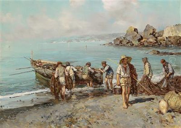 Fishermen On The Neapolitan Coast Oil Painting by Giuseppe Giardiello