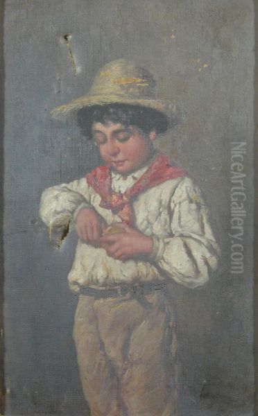 Boy In A Straw Hat Oil Painting by Giuseppe Giardiello