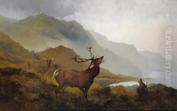 Deer In The Highlands Oil Painting by J. H. Gibb