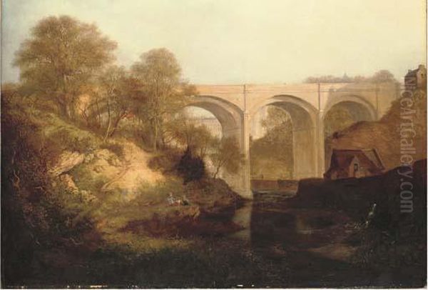 A View Of Dean Bridge, Edinburgh, With Figures On A Bank Oil Painting by Robert Gibb