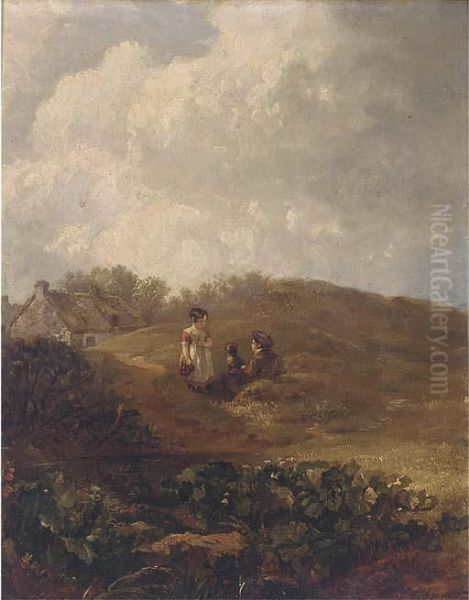 Children And A Dog In A Landscape Oil Painting by Robert Gibb