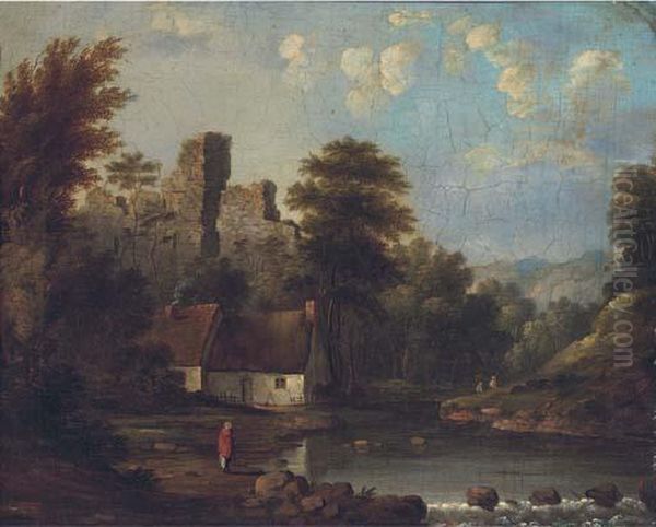 Figures By A Riverside Cottage, A Castle Ruin Beyond Oil Painting by Robert Gibb