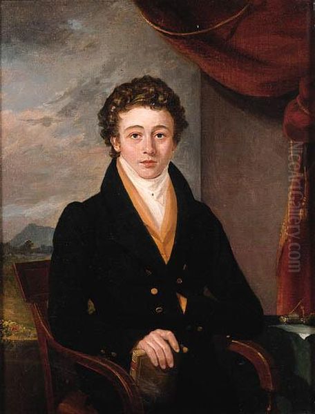 Portrait Of David Robertson, Seated Half-length, In A Black Coatand Yellow Waistcoat, Holding A Book In His Right Hand, A Landscapebeyond Oil Painting by Robert Gibb