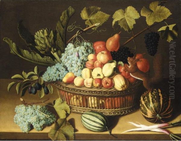 A Still Life With Artichokes, Bunches Of Grapes, Pears, Apples, Peaches, Plums And Other Fruit In A Basket On A Table, With A Squirrel Standing On A Melon Nibbling At The Grapes Oil Painting by Abiah Gibbens