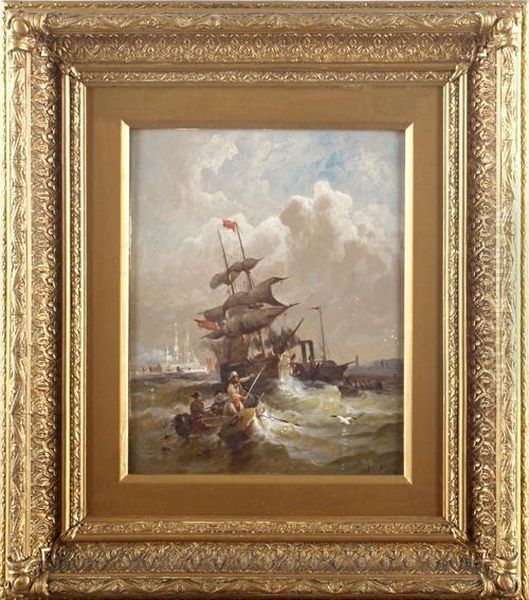 Tall Ships At Sea With Fishermen In Small Boat By A Buoy In The Foreground Oil Painting by William Gibbons