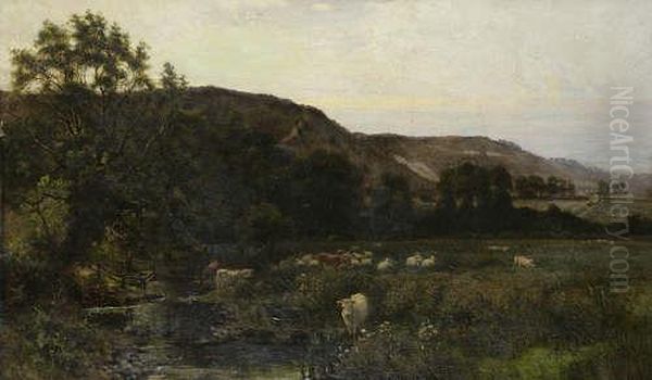 Cattle Grazing In Landscape Oil On Canvas, 75 X 125cm Signed And Dated 1887 by Charles Gibbs