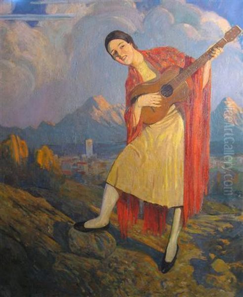 Sally With Guitar Oil Painting by George Gibbs