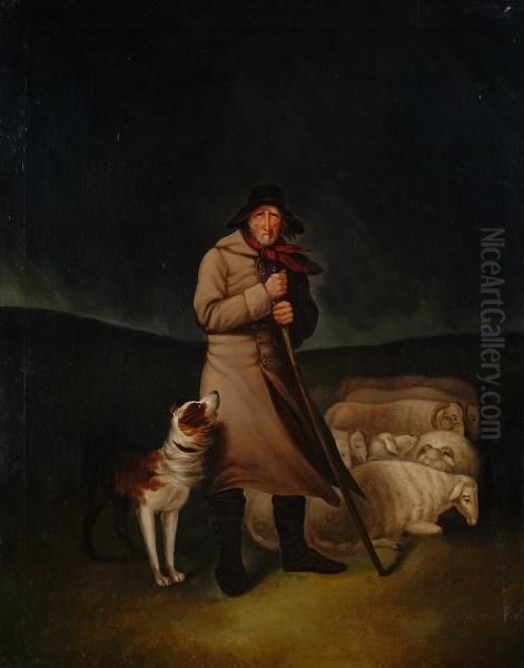 A Shepherd, His Dog And A Herd Of Sheep Under A Night Sky Oil Painting by Edgar Giberne