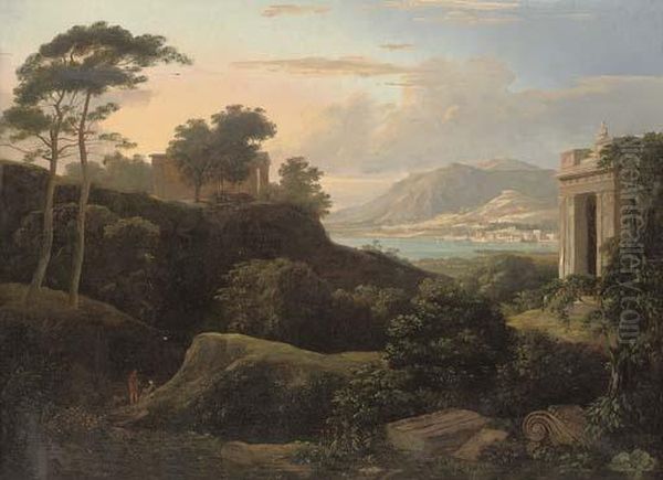 An Italianate Coastal Landscape, With Classical Ruins And Figures In The Foreground, A Town Beyond Oil Painting by Patrick Gibson