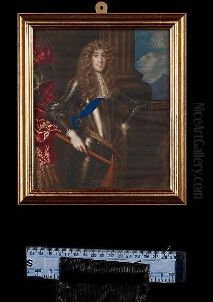 A Pair Of Three-quarter Length Portraits Of James Ii (1633-1701), As Duke Of York And Mary Beatrice Of Modena (1658-1718); He, Wearing Full Armour, Blue Sash Of The Order Of The Garter And White Lace Jabot, He Holds A Staff, His Plumed Helmet On Red Drape Oil Painting by Richard Gibson