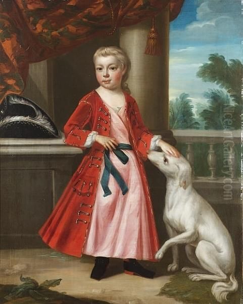 Portrait Of A Boy, Standing Full-length, In A Red Coat, Leaning On A Stone Plinth And Petting A Dog, A Landscape Beyond Oil Painting by Thomas Gibson