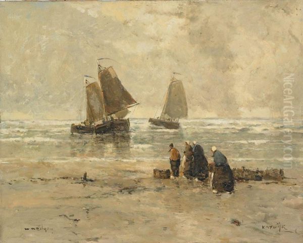 Fisherfolk On A Beach At Katwijk Oil Painting by William Alfred Gibson