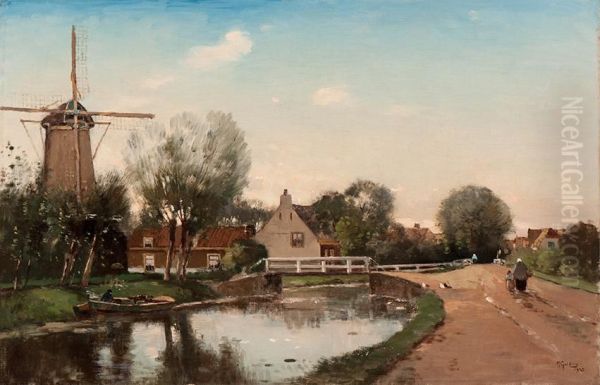 Village Along A Canal Oil Painting by Marinus Gidding