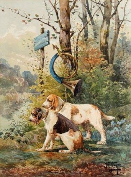 Chiens De Relais Au Pied D'un Arbre Et Trompe. Oil Painting by Theophile (Francois Theophile Etienne) Gide