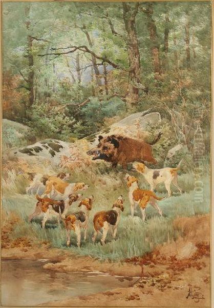 Caccia Al Cinghiale Oil Painting by Theophile (Francois Theophile Etienne) Gide