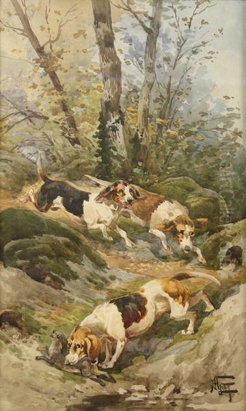 Bassets Chassant Un Lievre Oil Painting by Hippolyte Jean Adam Gide