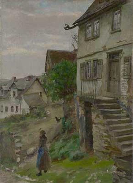 Hessische Dorfstrase Mit Bauerin by Heinrich Giebel