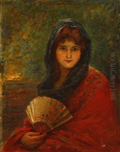 Portrait Of A Young Woman Holding A Fan Oil Painting by Joseph W. Gies