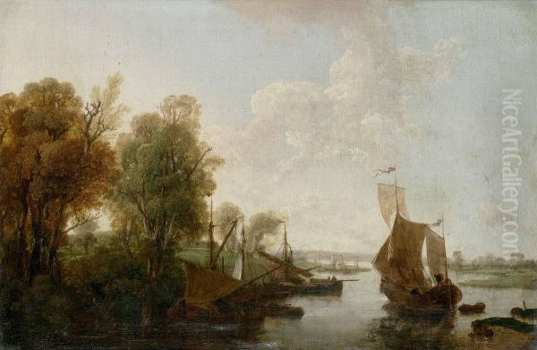 Flodlandskap Med Batar Och Figurer Oil Painting by Johann Ludwig Giesel