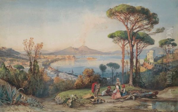 Peasants Resting Above The Bay Of Naples, Vesuvius Oil Painting by Giacinto Gigante