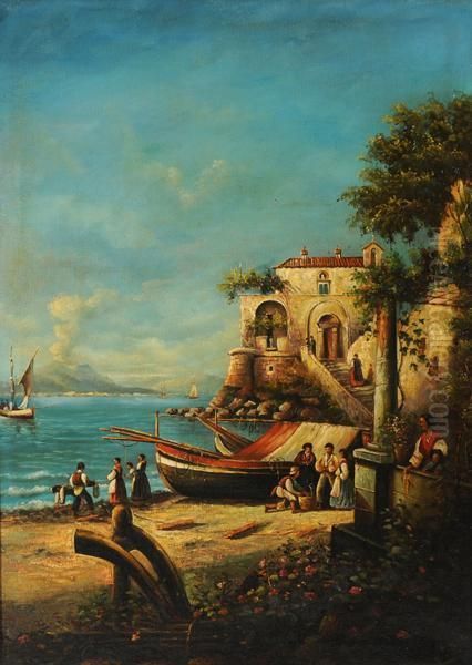 Marina Sullo Sfondo Del Vesuvio Oil Painting by Giacinto Gigante