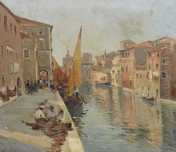 Canale Con Barche A Chioggia by Eugenio Gignous