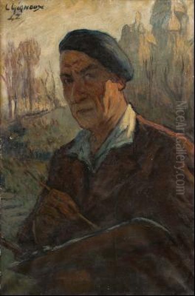 Autoretrato Del Pintor Con Sagrado Corazon Al Fondo Oil Painting by Ludovic Gignoux