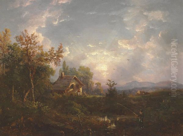 Landscape With Man Fishing Oil Painting by Marie-Regis-Francois Gignoux