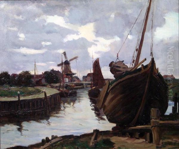 Bateaux Dans Un Port Hollandais Oil Painting by Clarence Montfort Gihon