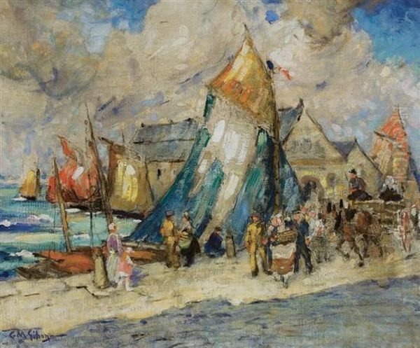 Activities On The Dock Oil Painting by Clarence Montfort Gihon