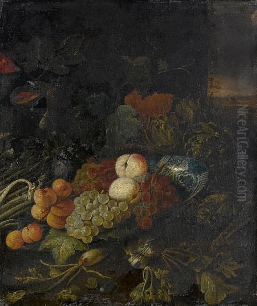 A Dish With Peaches, Grapes And Apricots, With Artichokes, Asparagus And Figs On A Table-top Oil Painting by Philips Gijsels