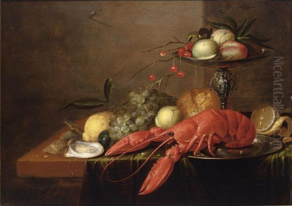 A Still Life With A Lobster On A Pewter Plate, A Silver Tazza With Peaches And Cherries, Together With White Grapes, Lemons, Oysters And A Bun, All On A Wooden Table Draped With A Green Cloth Oil Painting by Philips Gijsels