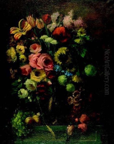 Stilleven Met Bloemen En Zangvogel Oil Painting by W.A. Gijzeman