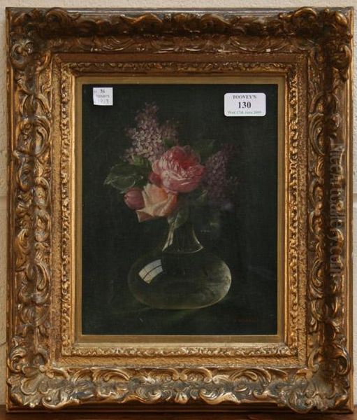 Still Life Study Of Roses And Lilac In A Glass Vase Oil Painting by Joseph-Eugene Gilbault