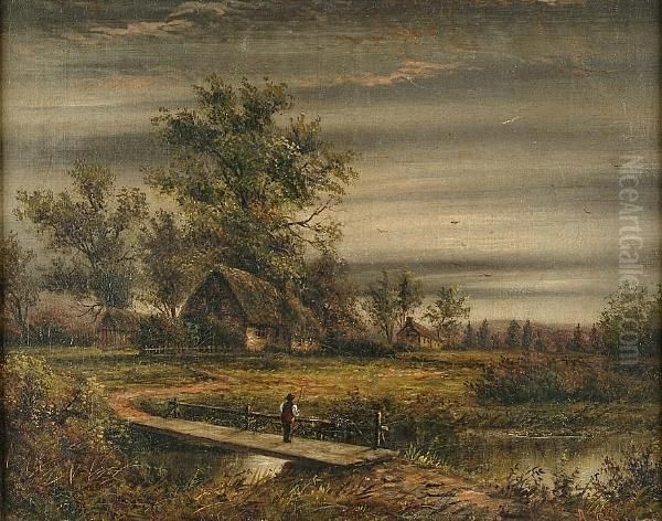 Re On A Bridge Over A River With Cottages Beyond Oil Painting by Albert Gilbert