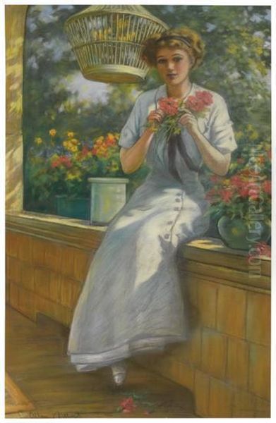 Frances Aranging Flowers. Oil Painting by Charles Allan Gilbert