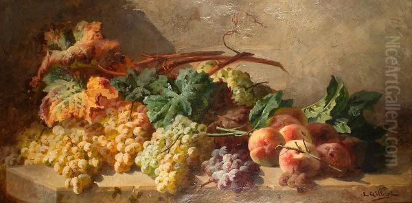 Grappes De Raisins Et Peches Sur Un Entablement Depierre Oil Painting by Ellen Gilbert