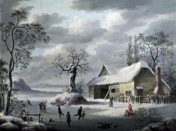 Skaters In A Winter Landscape Oil Painting by Joseph Francis Gilbert