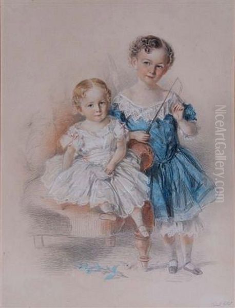 Portrait Of Two Young Girls With Ribbon Oil Painting by Josiah Gilbert