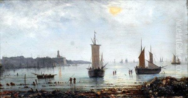 Bateaux Au Mouillage, Scene Animee. Oil Painting by Pierre Julien Gilbert